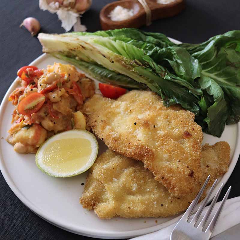 Chicken Schnitzel Recipe (with White Bean and Tomato Mash)